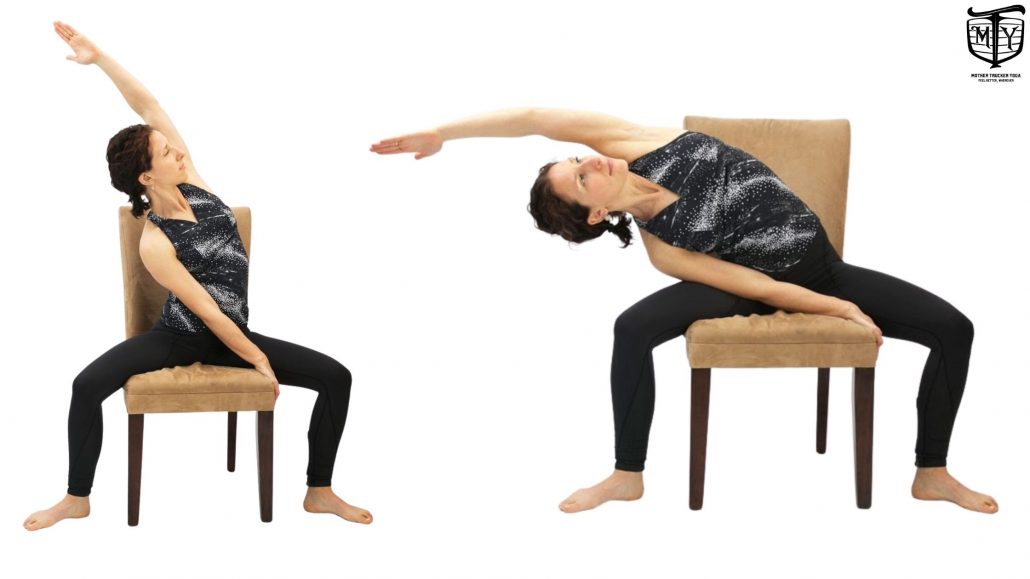 Trucking Yoga: 5 Moves to Help You Physically and Mentally Stretch it out side bend with chair Mother Trucker Yoga Blog 